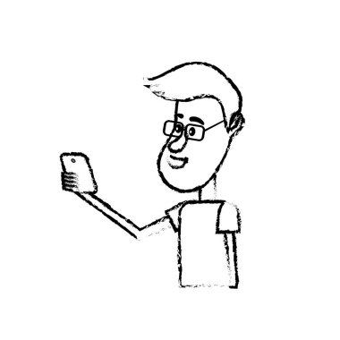 Şekil güzel adam saç modeli ve el vektör çizim içinde smartphone