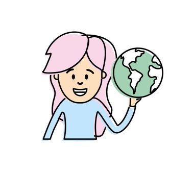 küresel dünya gezegen el vektör çizim içinde kadınla