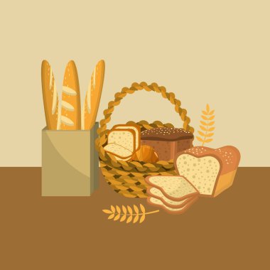 lezzetli taze değişik türde ekmekler ve sepet, vektör çizim