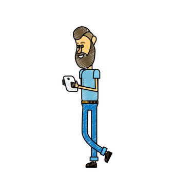 güzel adam saç modeli ve el vektör çizim içinde smartphone