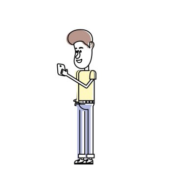 güzel adam saç modeli ve el vektör çizim içinde smartphone