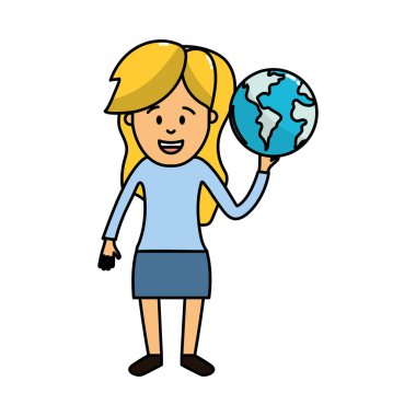 küresel dünya gezegen el vektör çizim içinde kadınla