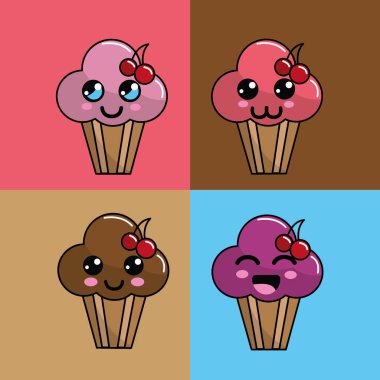 Kawaii güzel ifadeler, vektör çizim ile kek Icon set