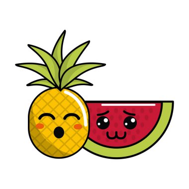 Kawaii komik ananas ve utangaç karpuz kutsal kişilerin resmi, vektör çizim tasarım