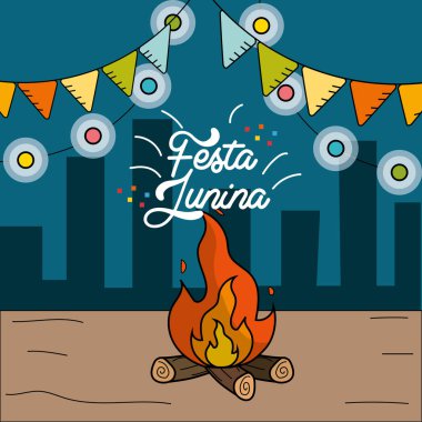 Festa junina ahşap yangın ve zincir ampuller, vektör çizim ile
