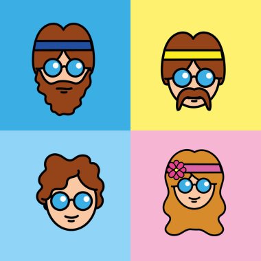 Set insanlar hippi saç modeli ve gözlük, vektör çizim ile