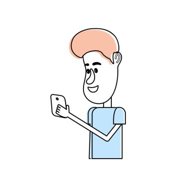 güzel adam saç modeli ve el vektör çizim içinde smartphone