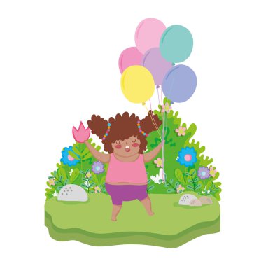 Küçük tombul kız ile balonları hava manzara vektör çizim tasarım