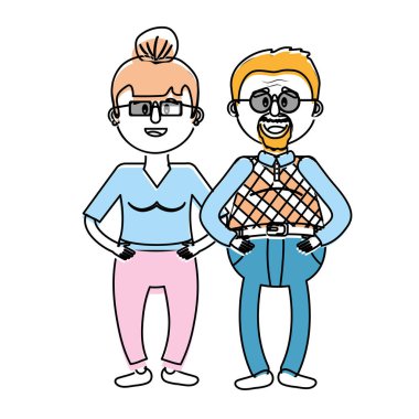 saç modeli ve gözlük vektör çizim ile yaşlı çift