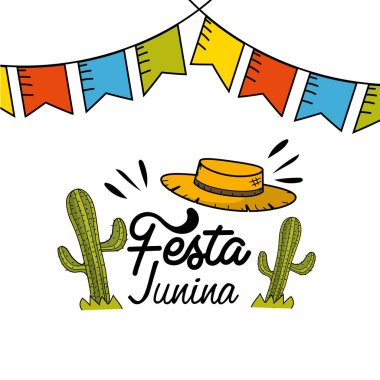 Festa junina parti bayrakları, kaktüsler ve şapka, vektör çizim ile