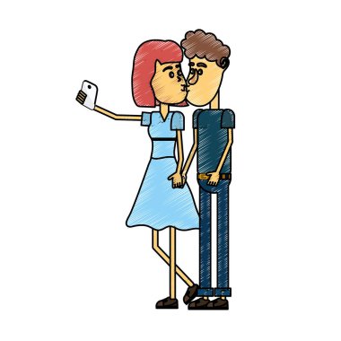çiftin öpüştüğünü ve akıllı telefon vektör çizim ile alarak selfie