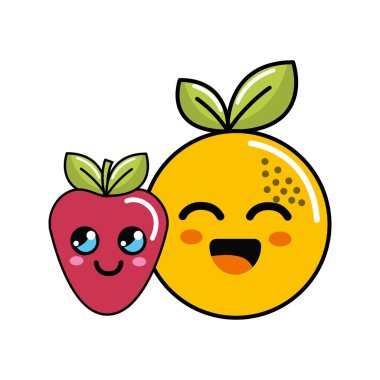 Kawaii mutlu turuncu ve çilek simge, vektör çizim tasarım