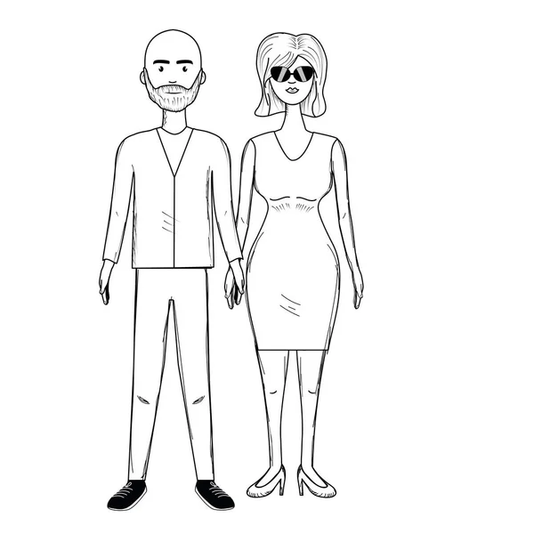 Línea Bonita Pareja Con Peinado Desgaste Elegante Vector Ilustración — Archivo Imágenes Vectoriales