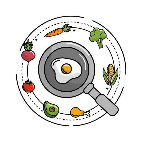 卵のフライパンのパンと野菜と果物のベクトル イラスト — ストックベクタ