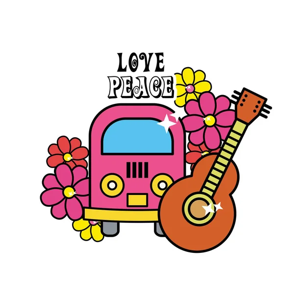 Schattig Hippie Minibus Met Bloemen Gitaar Vectorillustratie — Stockvector