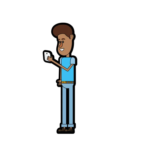 Homem Agradável Com Penteado Smartphone Ilustração Vetor Mão — Vetor de Stock