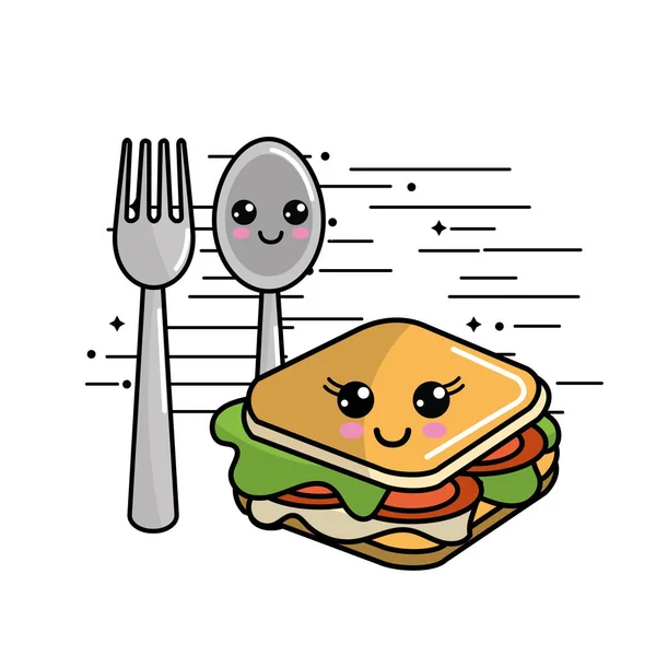 Kawaii Sandwichpictogram Met Mooie Expressies Vector Illustratie — Stockvector