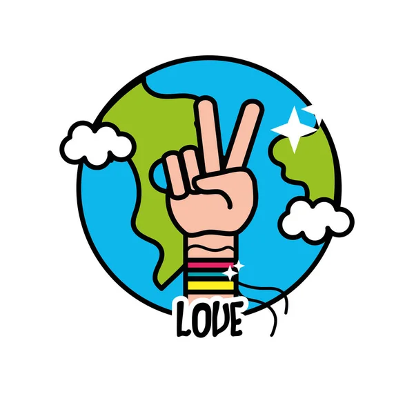 Aarde Planeet Met Hand Symbool Van Vrede Liefde Vectorillustratie — Stockvector