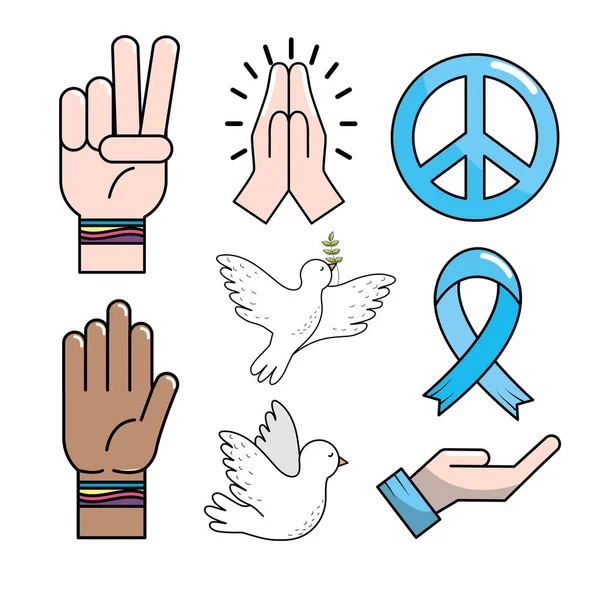 グローバルな調和ベクトル図に平和の手の記号を設定します — ストックベクタ
