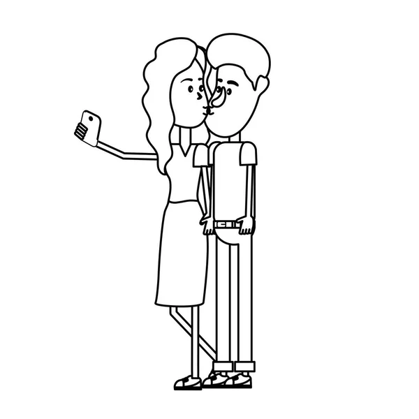 Línea Pareja Besándose Tomando Selfie Con Ilustración Vector Teléfono Inteligente — Archivo Imágenes Vectoriales