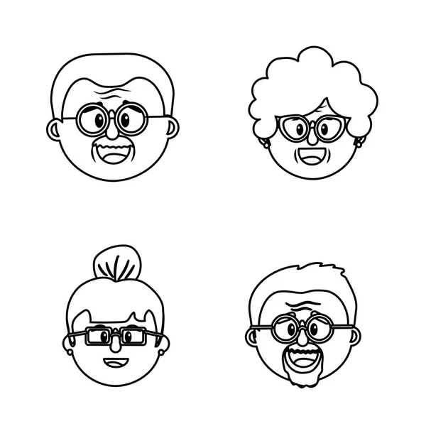 Set Großelternpaare Gesicht Mit Brille Und Frisur Vektor Illustration — Stockvektor