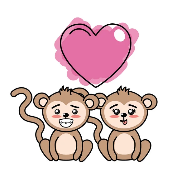 Cute Para Małpy Serce Wektor Ilustracja — Wektor stockowy