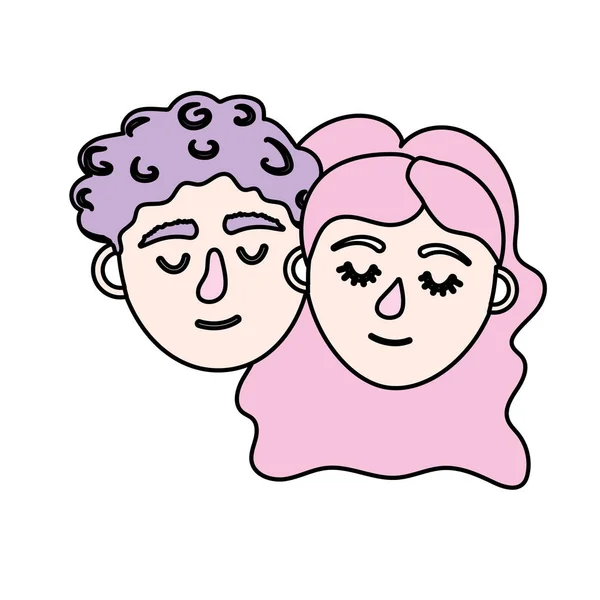 Pareja Amante Cabeza Con Los Ojos Cerrados Peinado Vector Illystration — Vector de stock