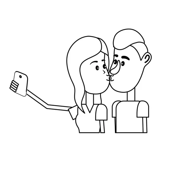 Línea Pareja Besándose Tomando Selfie Con Ilustración Vector Teléfono Inteligente — Vector de stock