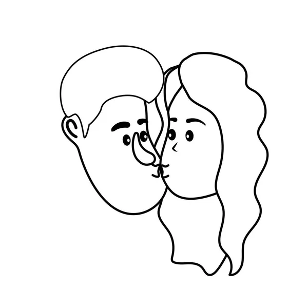 Linea Avatar Coppia Faccia Baciare Con Acconciatura Disegno Vettoriale Illustrazione — Vettoriale Stock