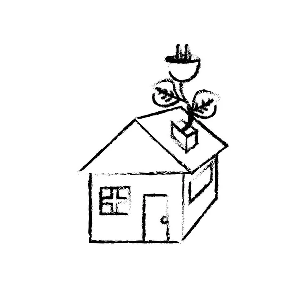 Figura Casa Com Cabo Alimentação Com Folhas Para Reduzir Ilustração — Vetor de Stock