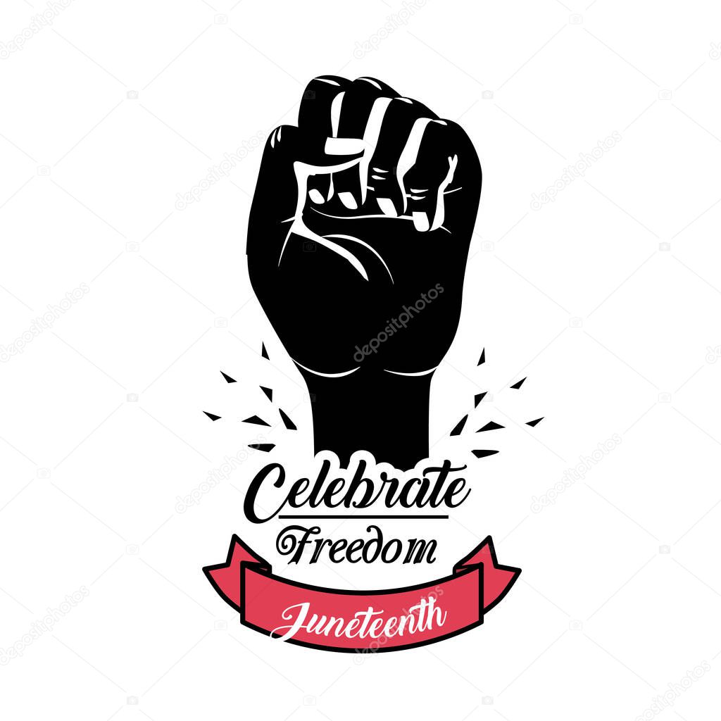 hand fist up with ribbon to celebrate freedom juneteenth, vector illustration