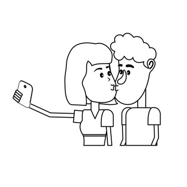 vektör çizim satırı çift öpüşme ve alma selfie ile smartphone