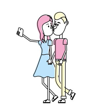 çiftin öpüştüğünü ve akıllı telefon vektör çizim ile alarak selfie