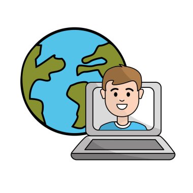 öğrenci sınıf online laptop ve küresel gezegen illüstrasyon vektör