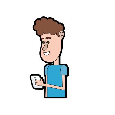 güzel adam saç modeli ve el vektör çizim içinde smartphone