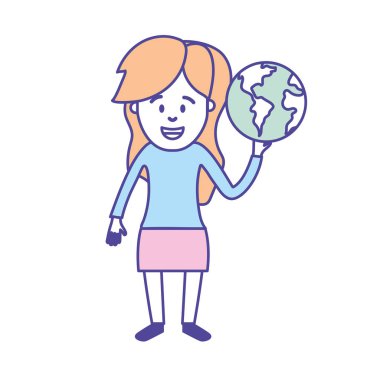 küresel dünya gezegen el vektör çizim içinde kadınla