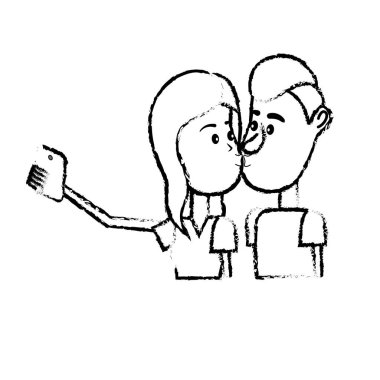 Şekil çiftin öpüştüğünü ve akıllı telefon vektör çizim ile alarak selfie