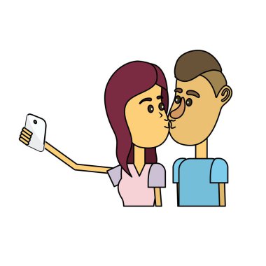 çiftin öpüştüğünü ve akıllı telefon vektör çizim ile alarak selfie