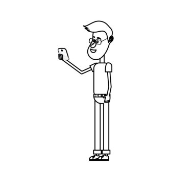 satır güzel adam saç modeli ve el vektör çizim içinde smartphone