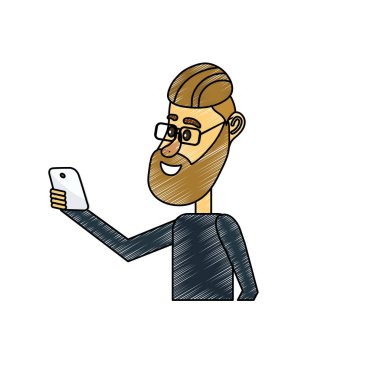 güzel adam saç modeli ve el vektör çizim içinde smartphone