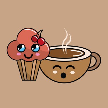 Kawaii kiraz fincan kek ve kahve simge güzel ifadeler, vektör çizim ile