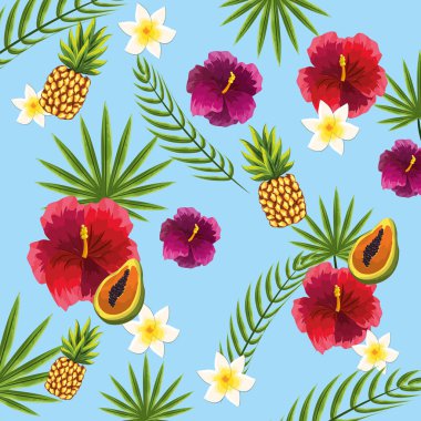 güzel ve egzotik meyve, çiçek ve bitki arka plan, vektör illüstrasyon
