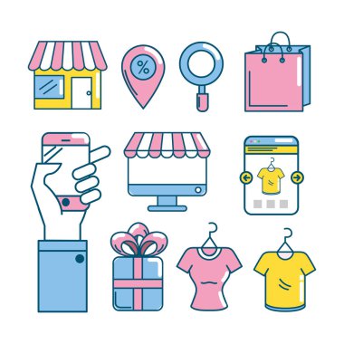 alışveriş online e-ticaret vektör çizim pazarlama için ayarla