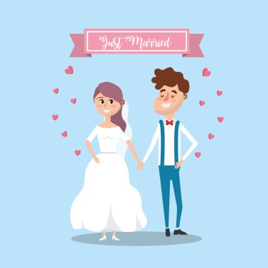 couple married with ribbon and hearts design vector illustration