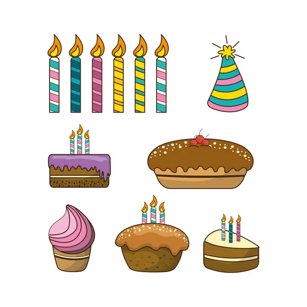 Happy Birthday Pastels Candle Gift Hat Party Vector Illustration — Stock Vector