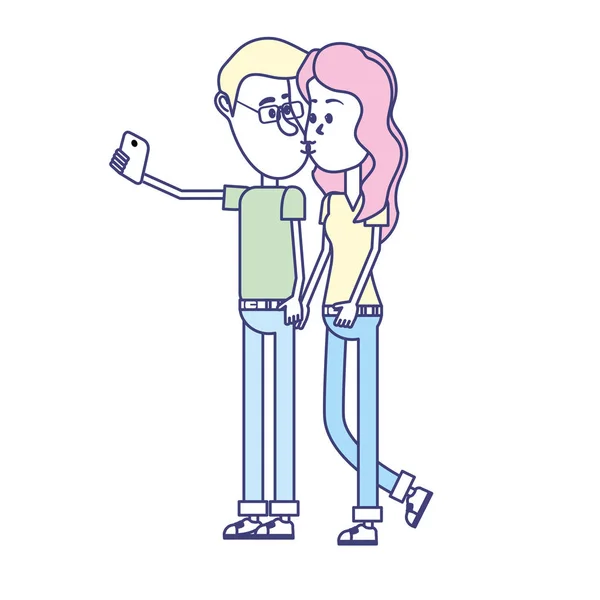 夫妇接吻 并采取自拍与智能手机矢量插图 — 图库矢量图片