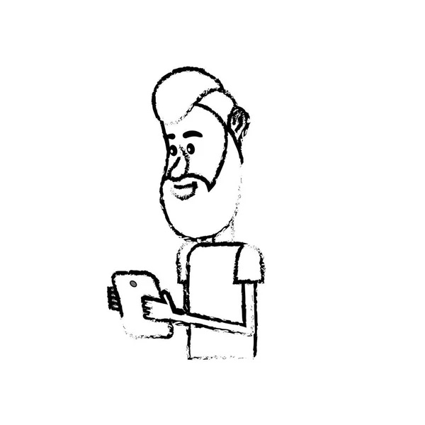 Figura Hombre Agradable Con Peinado Teléfono Inteligente Ilustración Del Vector — Vector de stock