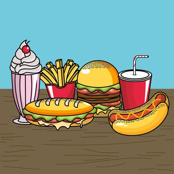 Delicioso Fast Food Com Icream Refrigerante Ilustração Vetorial — Vetor de Stock