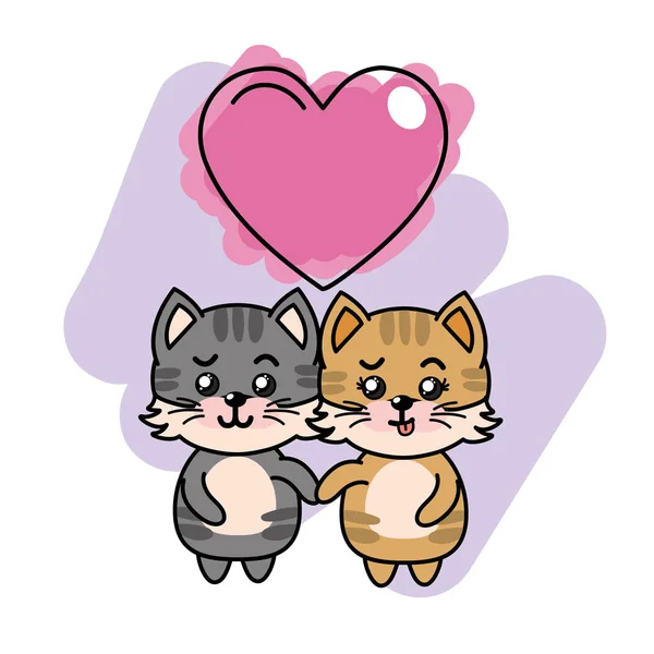 Couple Mignon Chats Avec Illustration Vectorielle Cardiaque — Image vectorielle