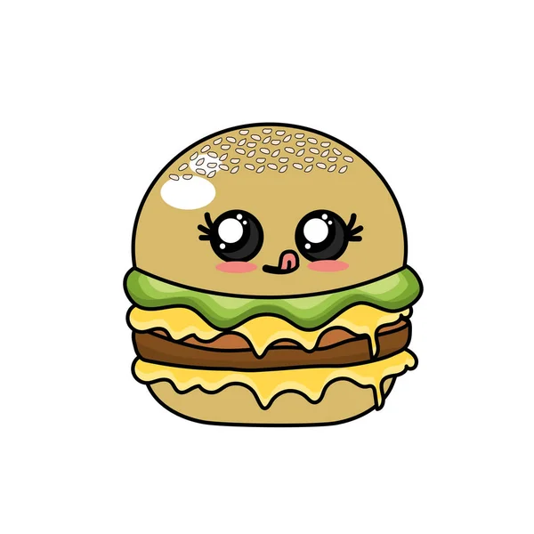 Кавайи Милый Гамбургер Векторная Иллюстрация Фаст Фуда — стоковый вектор